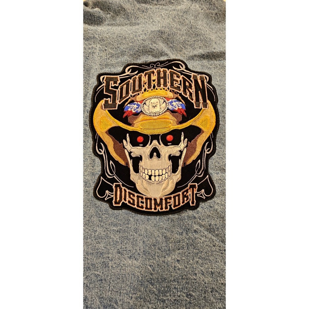 Sports Gallery Mens Denim Trucker Jacket Large Southern Discomfort Skull Patch